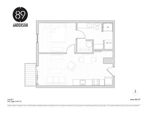 Floor plan for 1 bed, 1 bath